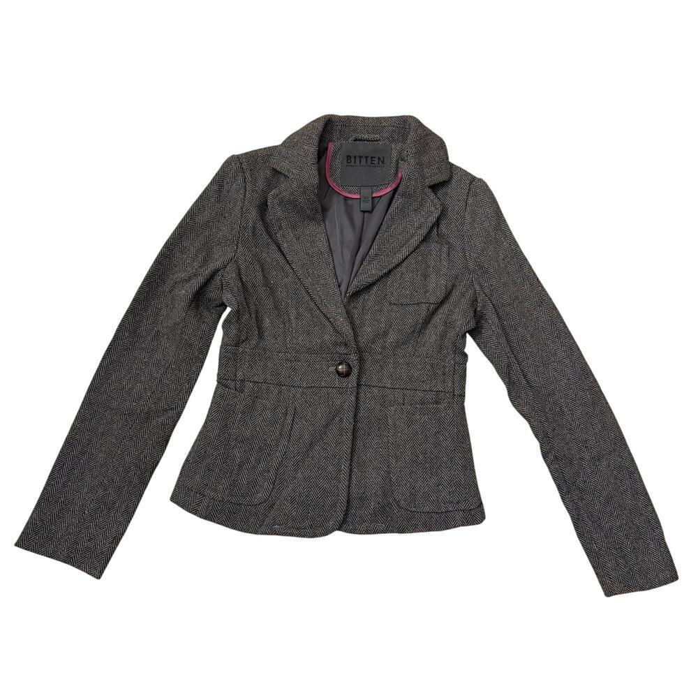 Bitten Sarah Jessica Parker Black Herringbone Wool Blend Blazer Sz XS Preppy Y2K